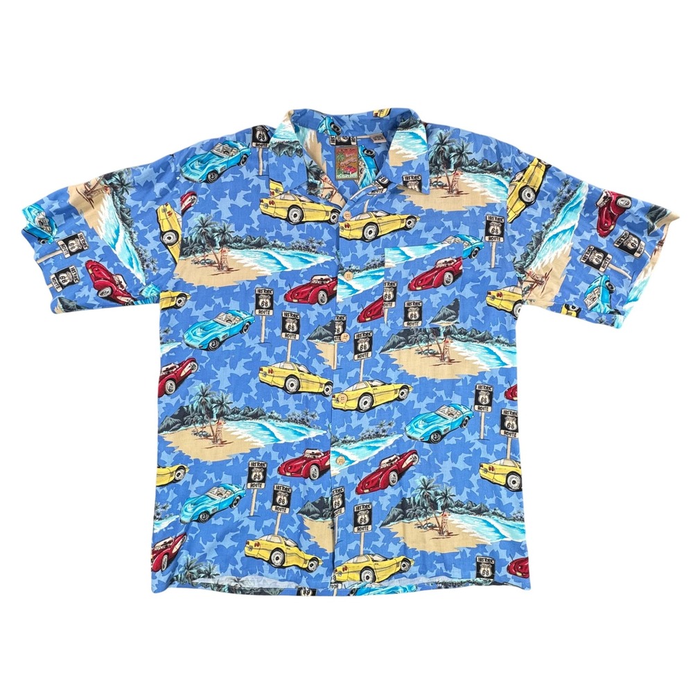 Island Collection Mens XL Rayon Hawaiian Shirt Vintage Cars Route 66 Blue Aloha